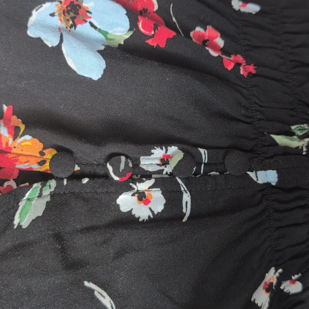 Banana Republic Floral Smocked Midi Dress Black Puff Sleeve V-Neck Size 8 - Picture 5 of 16